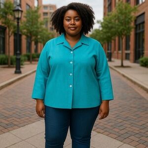 Denim & Co. Women’s Button Down Top Teal Size 1X Sheer Cotton Blend MOP Buttons